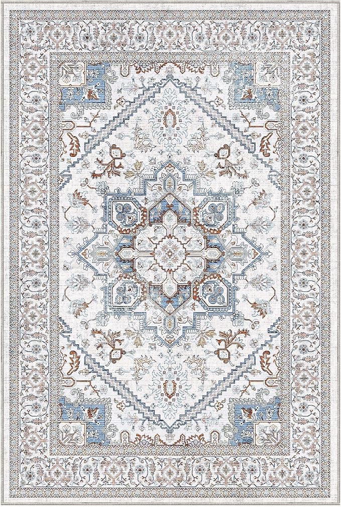 OPPODREAM Thin Neutral Area Rugs 5x7, 5x7 Washable Rug with Non Slip Backing, 5 x 7 Faux Cashmere Low-Pile Carpet, Cream White & Blue & Light Brown