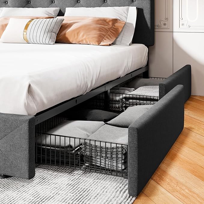MUTICOR Full Size Bed Frame with 4 Storage Drawers, Upholstered Platform Bed with Button Tufted Adjustable Headboard, No Box Spring Needed, Easy Assembly, Diamond Tufted, Dark Grey Fabric