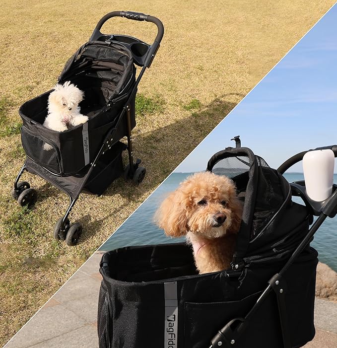 Pet Stroller,4 Wheels 3in1 Multifunctiona Dog Stroller with Brake,33lb Weight Capacity,Lightweight Portable One-Click Folding,Storage Basket Cup Holder,for Dogs/Cats Travel,Black