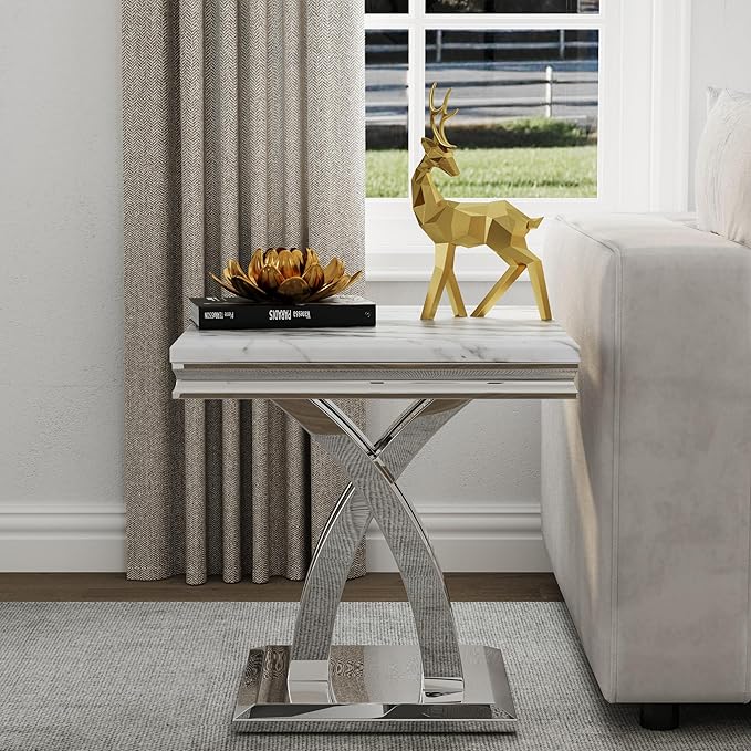 AUZ 3 Pieces Silver Living Room Table Set Modern Coffee Table Set with X-Shape Design Polished Stainless Steel Frame