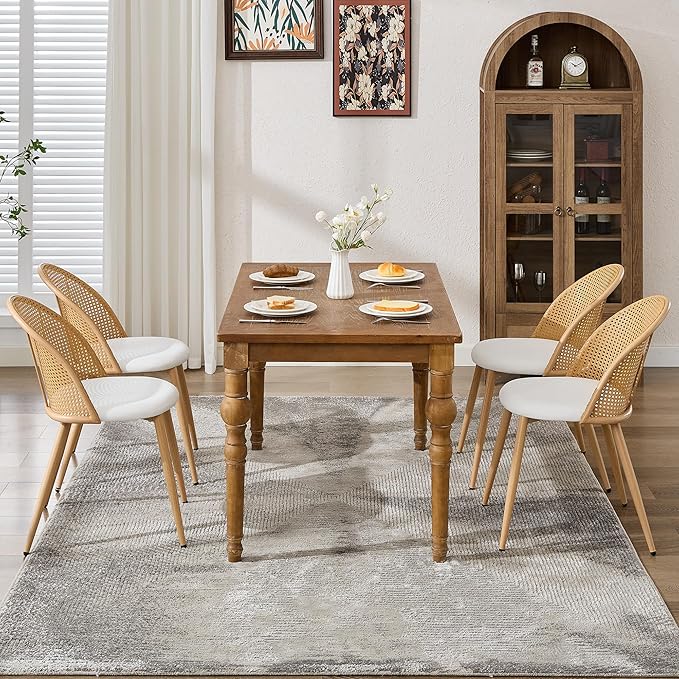 TYBOATLE Rattan Dinner Chairs Set of 2 with Faux Leather Cushion, Modern Dining Room Chairs w/Adjustable Foot Pads, Kitchen Boho Mid Century Upholstered, White