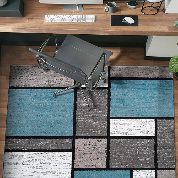 Rugshop Modern Geometric Boxes Blue Area Rug, Non-Shedding Square Carpet for Bedroom, Dining Room, or Home Office, 6'6" x 6'6"