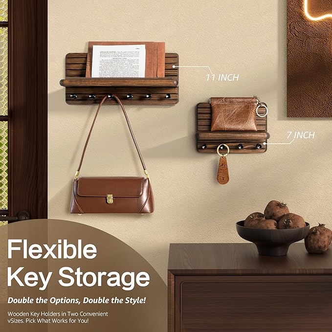 Rebee Vision Small Farmhouse Key Holder Wall Mount for Home Decor – Mini 7-inch Wooden Key Holder for Wall with 4 Hooks & Floating Shelf - Apartment Essentials for a Tidy & Trendy House (Brown)