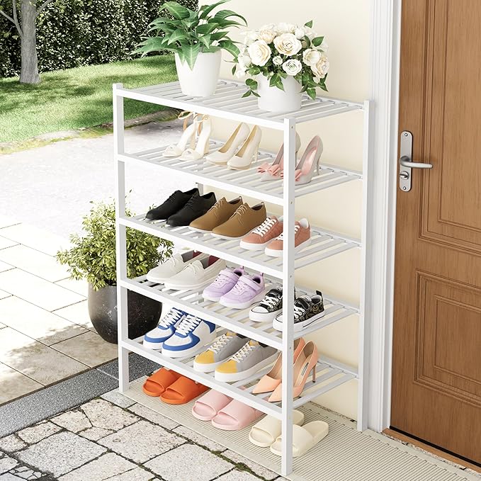 Smiry Shoe Rack, 5 Tier Thick Bamboo Shoe Organizer, Stackable Free Standing Wooden Shoe Storage Shelf for Closet, Entryway, Front Door Entrance, White