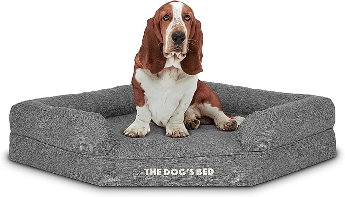 The Dog’s Bed Memory Foam Waterproof Corner Dog Bed, Large, Grey Linen, Eases Pet Arthritis & Hip Dysplasia Pain, Therapeutic & Supportive, Washable Linen Fabric Cover