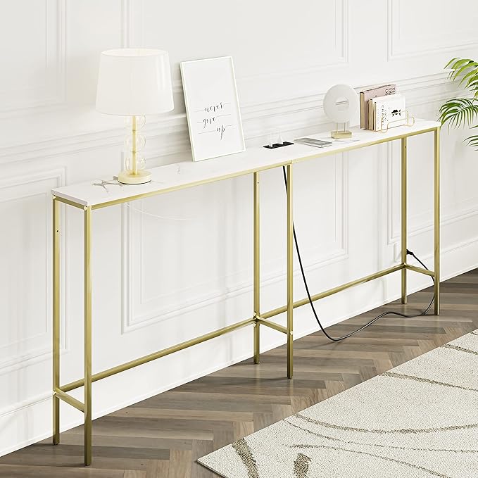 70.9 Inch Console Table with Power Outlet,Modern Narrow Long Sofa Table Behind Couch,Skinny Entry Table with Gold Metal Frame for Entryway,Living Room, Hallway,Marble White
