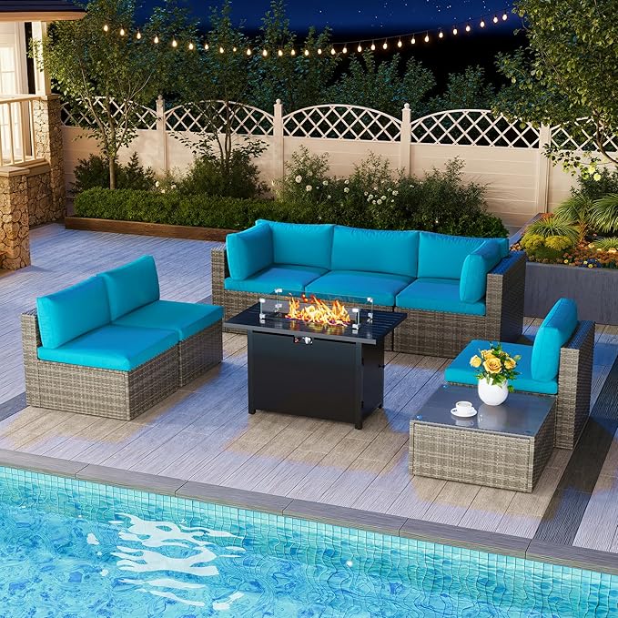 8 Pieces Outdoor Patio Furniture Set with 43" Fire Pit Table, Wicker Outdoor Patio Sectional Sofas with Coffee Table and Cushions, All-Weather Patio Conversation Set for Backyard Garden, Light Blue