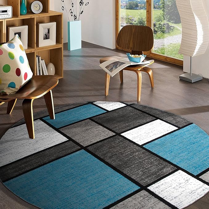 Rugshop Contemporary Modern Boxes for Home Office,Living Room,Bedroom,Kitchen Non Shedding Round Area Rug 8' Blue
