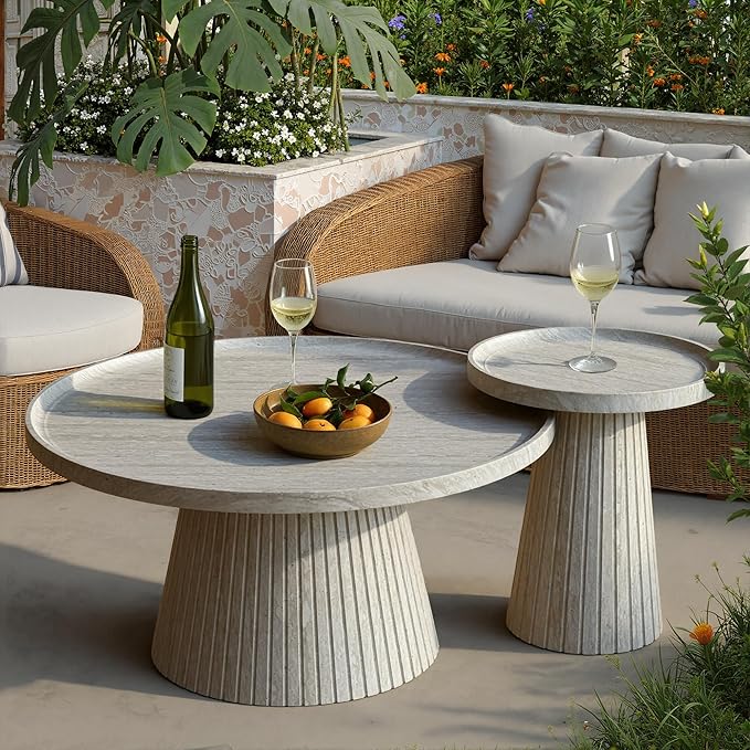 win2win Nesting Coffee Table Set of 2, Modern Fluted Coffee Table with Faux Stone Veneer, Travertine Round Tea Table and End Table Set, Minimalist Center Tables for Living Room, Office, Stone