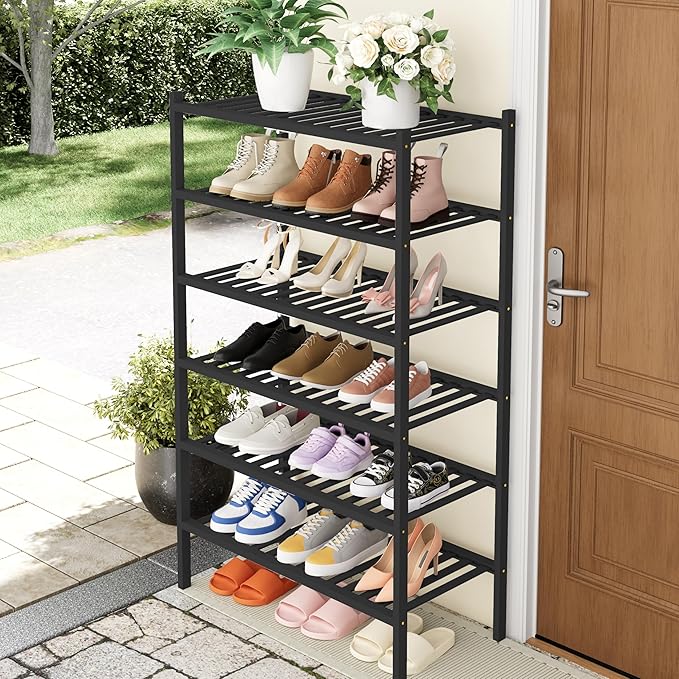 Smiry Shoe Rack, 6 Tier Thick Bamboo Shoe Organizer, Stackable Free Standing Wooden Shoe Storage Shelf for Closet, Entryway, Front Door Entrance, Black