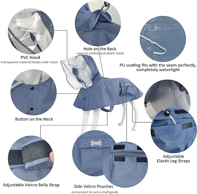 Waterproof Dog Raincoat, Adjustable Reflective Lightweight Pet Rain Clothes with Poncho Hood(X-Large, Blue&Grey)