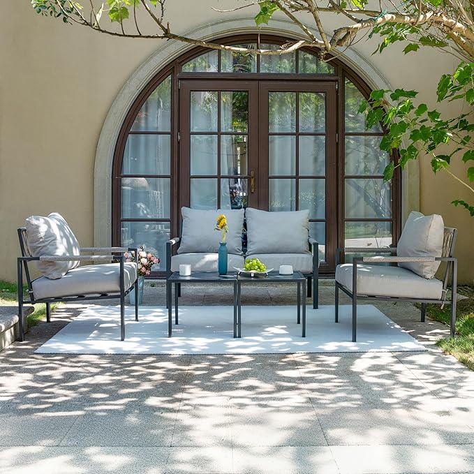 Sundale Outdoor 5 Pieces Patio Furniture Set, All-Weather Metal Outdoor Conversation Set with 6 Inch Cushions and Coffee Tables, Outdoor Furniture Set for Backyard, Balcony, Poolside, Light Grey