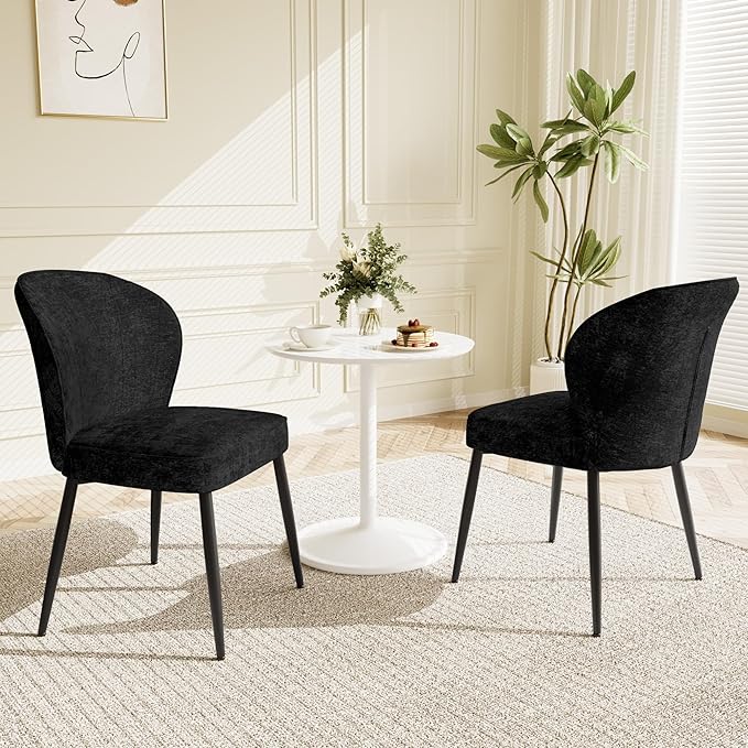 Dining Chairs Set of 4, Modern Fabric Dining Room Chairs with Curved Backrest Well-Padded Seat, Upholstered Kitchen Chairs for Living Dining Room, Black