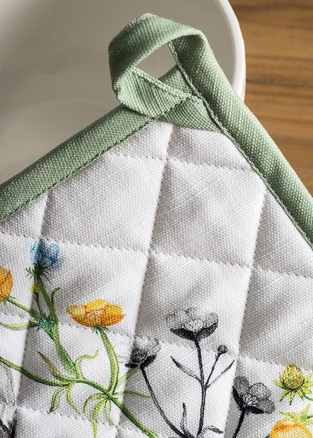 Maison d' Hermine 100% Cotton Oven Mitt & Pot Holder Set (7.5"x13" & 8"x8") Heat Resistant BBQ Cooking Gloves with Loop, Baking, Grilling, Kitchen, Handling Hot Pans Spring/Summer (Printemps)