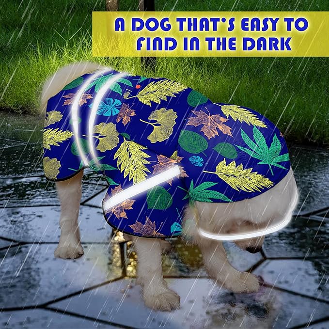 Dog Raincoat, Adjustable Dog Rain Jacket with Clear Hooded Double Layer for Large Medium Small Dogs Puppies, Waterproof Rain Coat Poncho Leaf, Blue-L