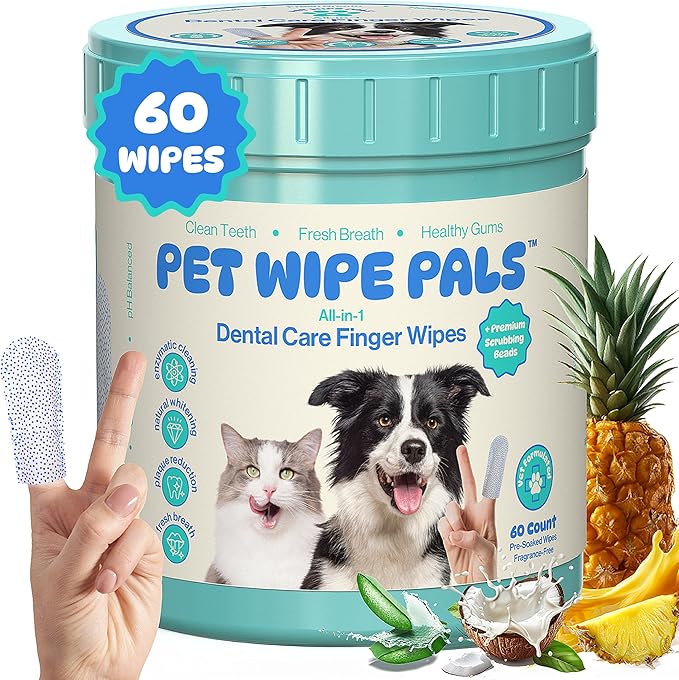 All-in-1 Dog Teeth Cleaning Wipes | Enzymatic Whitening + Micro Scrubbing Beads | No Mess, Pet Dental Wipes & Finger Tooth Brushing Kit | Plant-Based Dental Care for Cats & Dogs (60 Count)