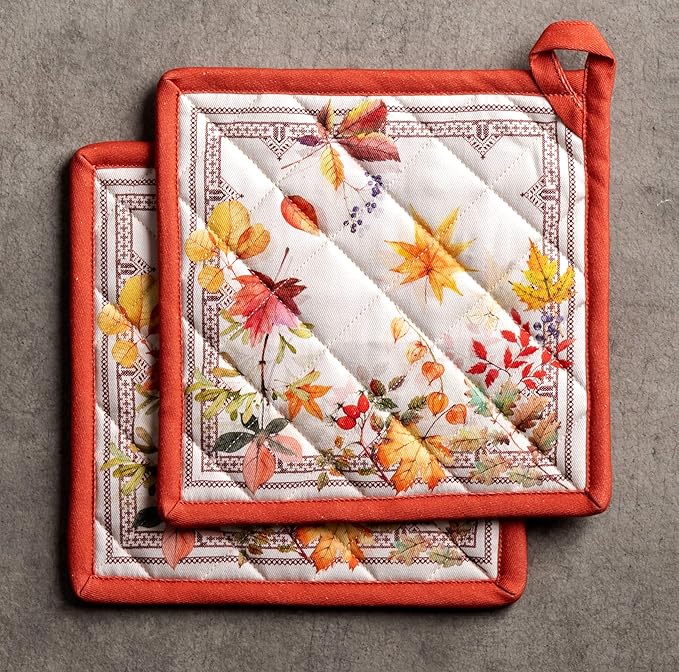 Maison d' Hermine Pot Holders Set 100% Cotton Heat Resistant Potholders 8" x 8" Hot Pads with Loop for Thanksgiving Christmas Decorations BBQ Cooking Baking Handling Hot Pans (Pack of 2, Amarante)