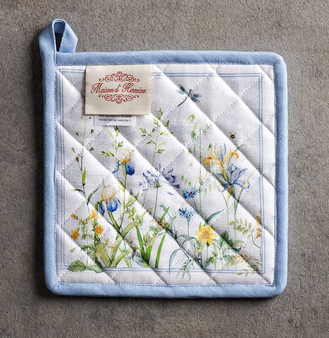 Maison d' Hermine Pot Holders 100% Cotton Heat Resistant Potholders 8" x 8" Hot Pads with Loop BBQ, Cooking, Baking, Grilling, Kitchen, Handling Hot Pans Spring/Summer (Pack of 1, Fleurs De Mai)