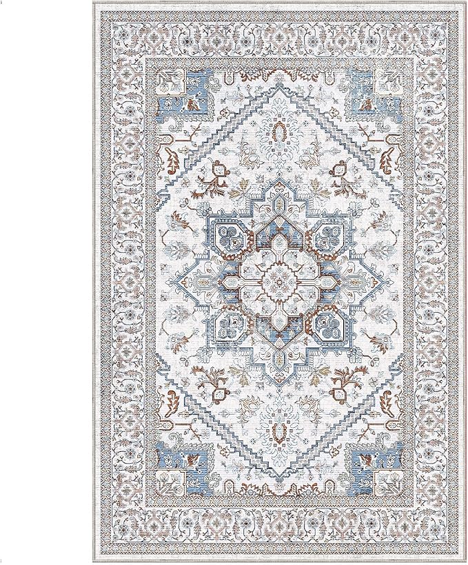 OPPODREAM Thin 6x9 Area Rugs, Neutral Washable Rug 6x9 with Non Slip Backing, Faux Cashmere Low-Pile 6 x 9 Carpet, Cream White & Blue & Light Brown