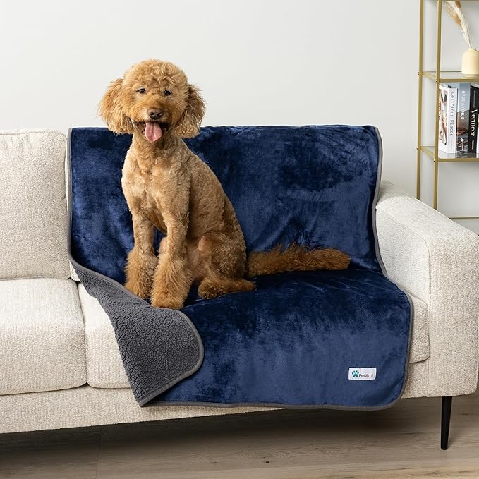 PetAmi Waterproof Dog Blanket for Extra Large Dogs, Pee Proof for Bed Couch, Reversible Soft Dog Crate Cover Washable, Queen 90x90 Navy/Gray