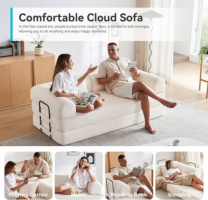 Convertible Folding Mattress Couch, 5-in-1 Futon Sofa with Armrests, Sleeper Mattress Sofa Bed Comfy Fold Out Bed for Living Room, Bedroom, Lounge,Guest, Office (Beige White)