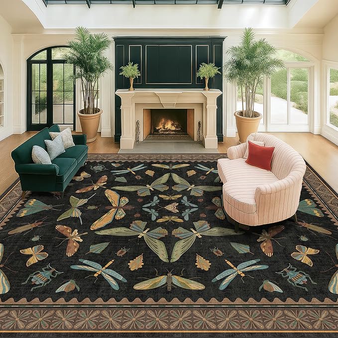 Black Washable Insect Area Rugs 8x10 for Living Room, Bedroom, Dining Room Under Table, Playroom, Large Dark Whimscal Boho Indoor Rug, Ultra Soft Low Pile Non Slip