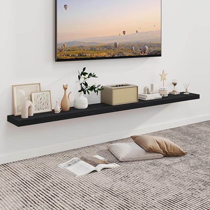 Fun Memories 72Inch Floating Shelves,Wall Mounted Rustic Wood Floating Shelf with Invisible Brackets for Storage & Decor,2 Pack Shelves for Bathroom,Bedroom and Kitchen,Black