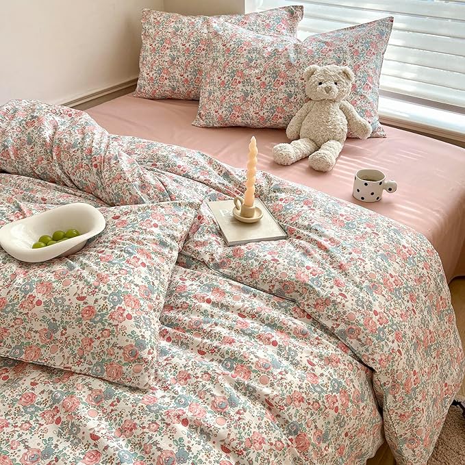 EAVD French Garden Pink Floral Comforter Set Full Soft Microfiber Chic Shabby Floral Bedding Set with 2 Pillowcases Cute Botanical Comforter Set for All-Season
