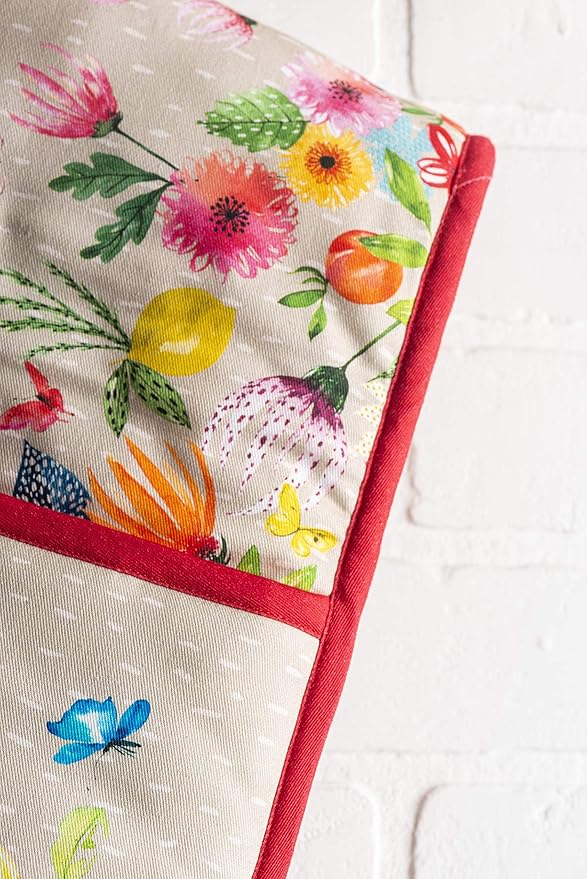 Maison d' Hermine Double Oven Mitts 100% Cotton 7"x35" Double Oven Mitt Heat Resistant BBQ Cooking Gloves with Loop, Baking, Grilling, Kitchen, Handling Hot Pans Spring Summer (Jardin D'Ete - Fog)