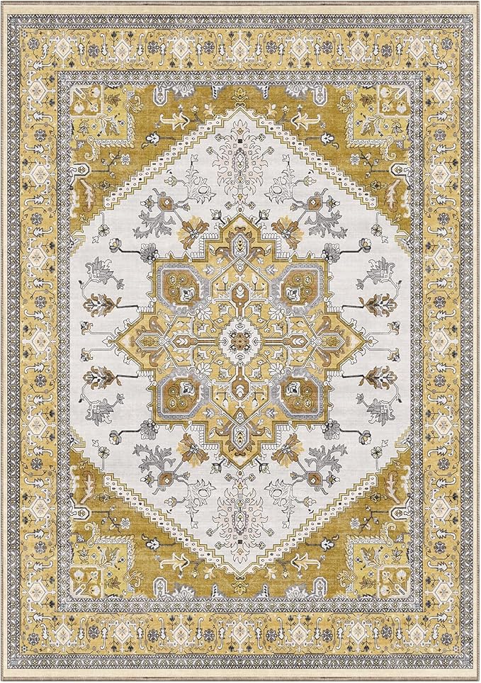 OPPODREAM Thin 10x14 Area Rugs, Washable Rugs 10x14 with Non Slip Backing, Low-Pile Faux Cashmere 10 x 14 Carpet, Yellow