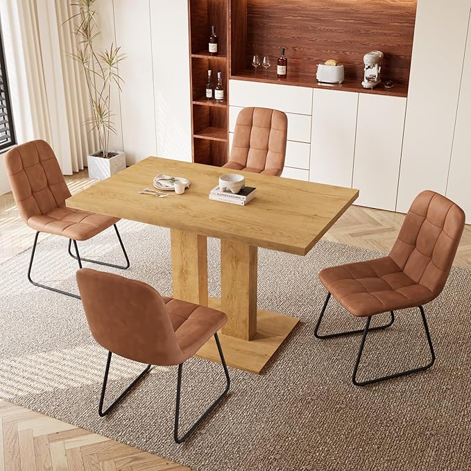 Dining Table Set for 4-6 People, 46 Inch Modern MDF Oak Kitchen Table with 4 Faux Leather Chairs, Rectangular Dining Room Table Set for Home, Small Spaces, Breakfast Nook (Oak Table + 4 Brown Chairs)