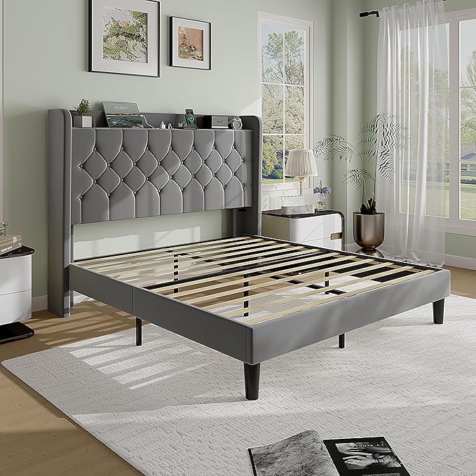 SHA CERLIN Full Size Platform Bed Frame with Charging Station, Velvet Wingback Headboard with Storage Shelf, Wooden Slats Support, Ample Under-Bed Space, No Box Spring Needed, Easy Assembly, Grey