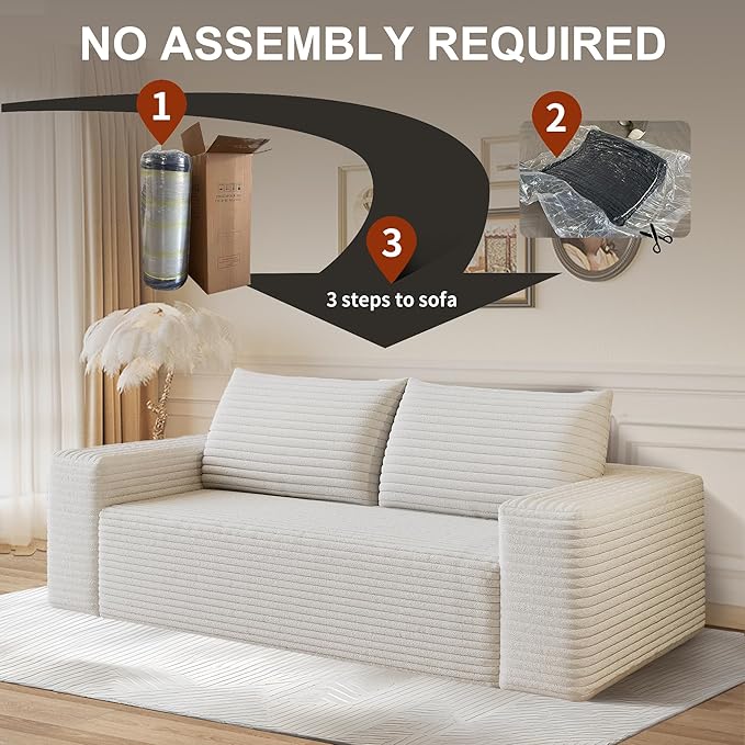 71" Corduroy Loveseat Sofa, 3-Seater Cloud Couch, Boneless Couch in a Box, Comfy Deep Seat Sofa with Memory Foam, Pillows and Wide Armrests, Modern Small Couches for Small Spaces, No Assembly (White)