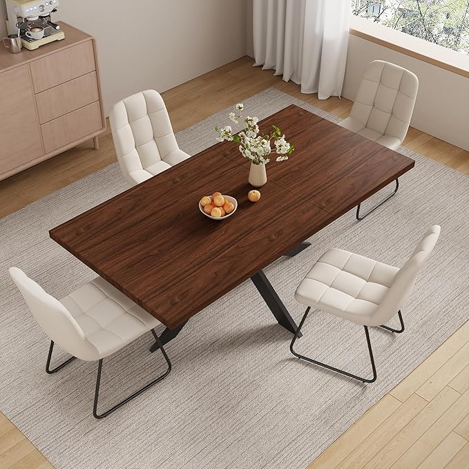 ZckyCine 7-Piece Dining Table Set with 51"-67" Extendable Walnut Wood Table and 6 PU Leather Chairs, Modern Rectangular Kitchen Table Set with Metal Legs, Seats 6, Easy Assembly