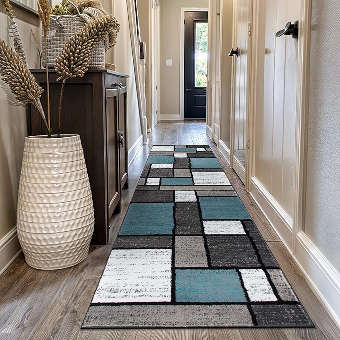 Rugshop Modern Geometric Boxes Blue Area Rug, Carpet with Jute Backing for Entryway, Kitchen, or Narrow Hall, 2' x 10'