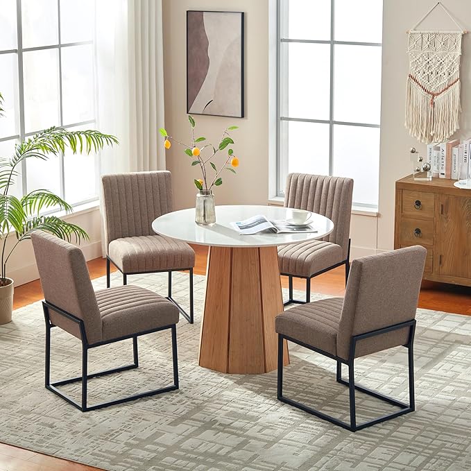 VKNOW Upholstered Dining Chairs, Modern Dining Room Chairs with Stripe, Linen Kitchen Chair Dinner Chair with Black Metal Base for Kitchen Office, Brown