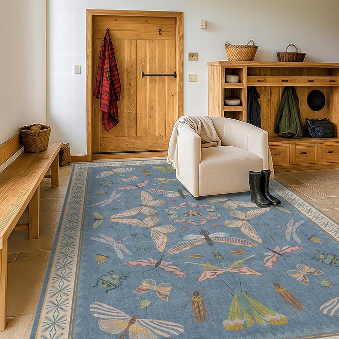 6x9 Blue Floral Rug for Dining Room Table - Area Rugs for Living Room, Bedroom, Insect Moth Art Nouveau Décor, Washable Lightweight Foldable Non Slip