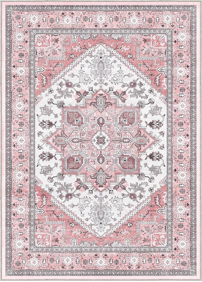 OPPODREAM Thin Area Rugs 9x12 Living Room, Washable Rugs 9x12 with Non Slip Backing, Faux Cashmere Low-Pile 9 x 12 Carpet, Pink & Cream