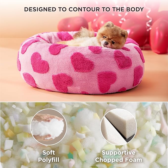 Lesure Donut Small Dog Bed - Round Cat Beds for Indoor Cats Anti-Anxiety Calming Pet Beds, Washable Cute Modern Beds with Teddy Sherpa Plush & Anti Slip Bottom, 23 Inch, Heart Pink