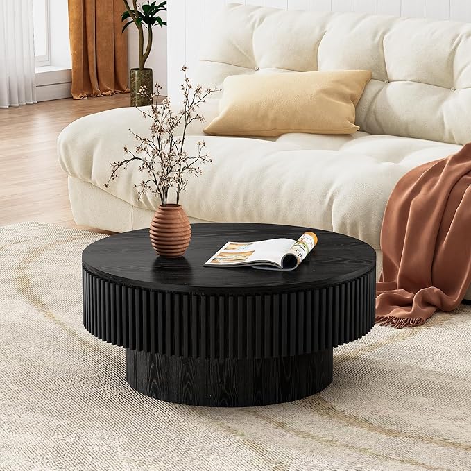 Round Coffee Table for Living Room,Fluted Drum Accent Tea Center Table with Storage,Circle Modern Coffee Tables for Small Space Office Apartment (31.5" L×31.5''W×14''H-Black)