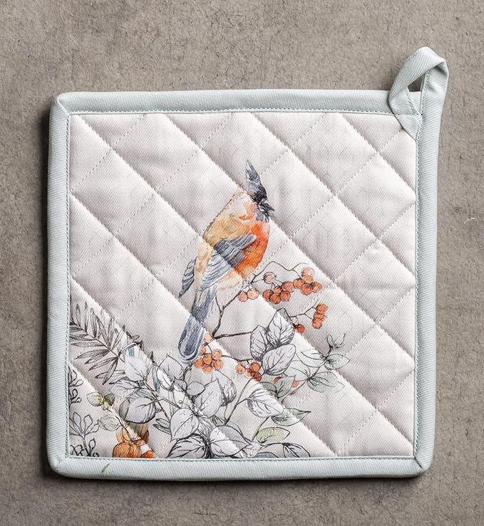 Maison d' Hermine Pot Holders 100% Cotton Heat Resistant Potholders 8" x 8" Hot Pads with Loop for Thanksgiving Christmas Decorations BBQ Cooking Handling Hot Pans (Pack of 1, Whitish Shabby Chique)