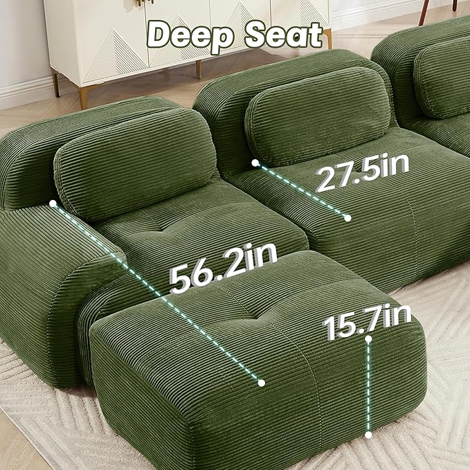 80" Modern Corduroy Boneless Love Seat Couches with 2 Ottomans, 2 Seater Large Sectional Couches for Living Room, Green Cloud Modular Sectional Sofa, Memory Foam, Extra Deep Loveseat, No Assembly