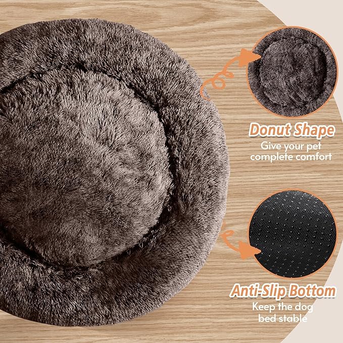 JOLLYVOGUE Calming Dog & Cat Bed for Small Dogs, Anti-Anxiety Donut Cuddler Cozy Soft Round Bed with Anti-Slip Bottom, Fluffy Faux Fur Plush Cushion Beds for Small Medium Pets (20")