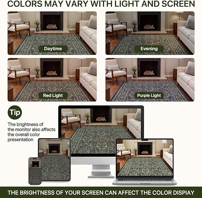 GENIMO Large 8x10 Area Rug for Living Room, Boho Floral Vintage Non-Slip Carpet, Soft Low-Pile Lightweight Indoor Rug, Stain Resistant Thin Rug for Bedroom, Dining Room, Nursery, Emerald Green