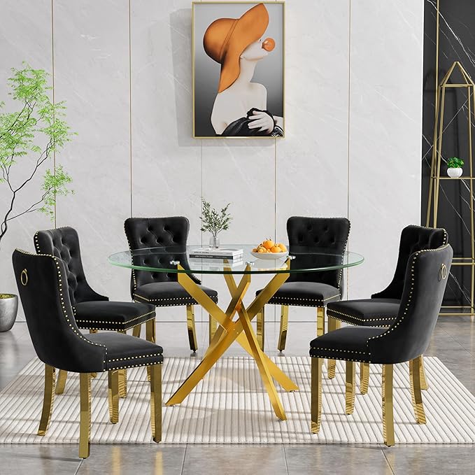 47.24" Round Glass Dining Room Table for 6 with Tempered Glass Top and Gold Metal Legs, Modern Clear Kitchen and Dinner Table for Home Office Dining Room