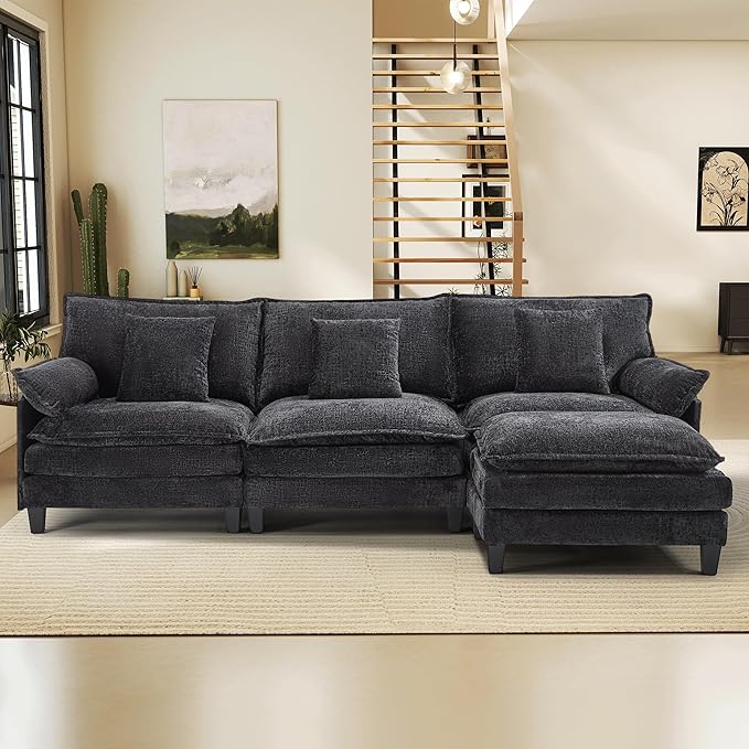 Comfy Chenille Cloud Couch with Movable Ottoman, Modular Sectional Sofa, 106" L Shaped Modern Sofa with Pillows, Deep Seat Couches for Living Room, Bedroom and Apartment, Black