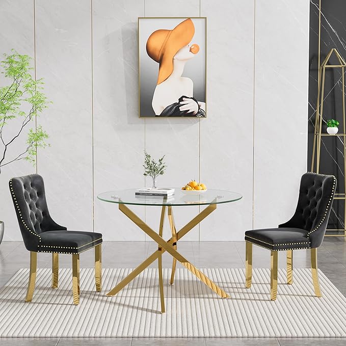36" Round Glass Dining Room Table for 4 with Tempered Glass Top and Gold Chrome Metal Legs, Modern Clear Kitchen and Dinner Table for Home Office Dining Room