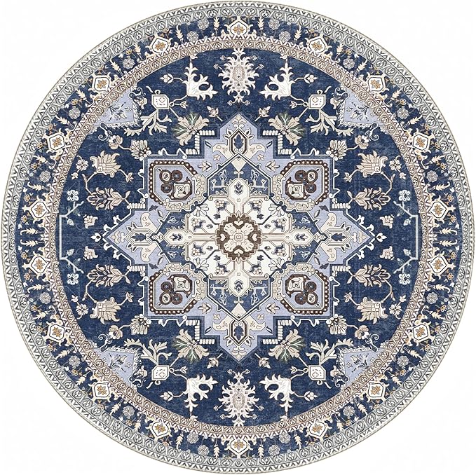 OPPODREAM Thin Round Rug 6ft, Washable Circle Rug 6ft with Non Slip Backing Play Room, Low-Pile Carpet 6 ft, Faux Cashmere Throw Carpet, Navy Blue & Gold