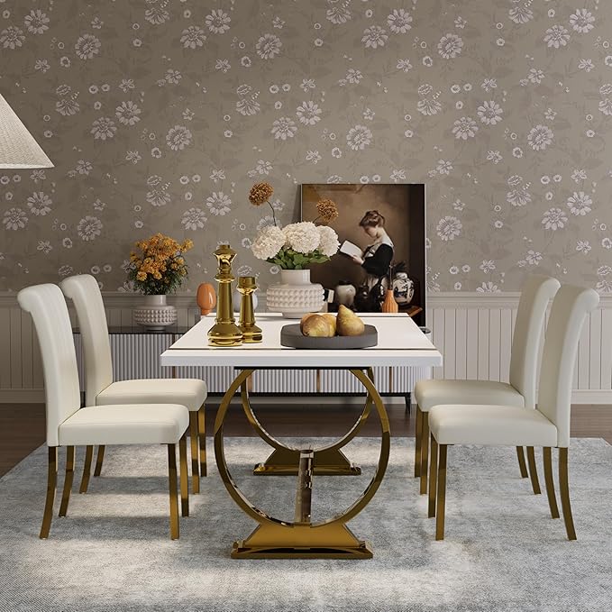 Asday Modern Large Dining Table, 80 Inch White and Gold Dining Table Unique Kitchen & Dining Room Table for 6-8, with White Tabletop and U Shape Stainless Steel Base