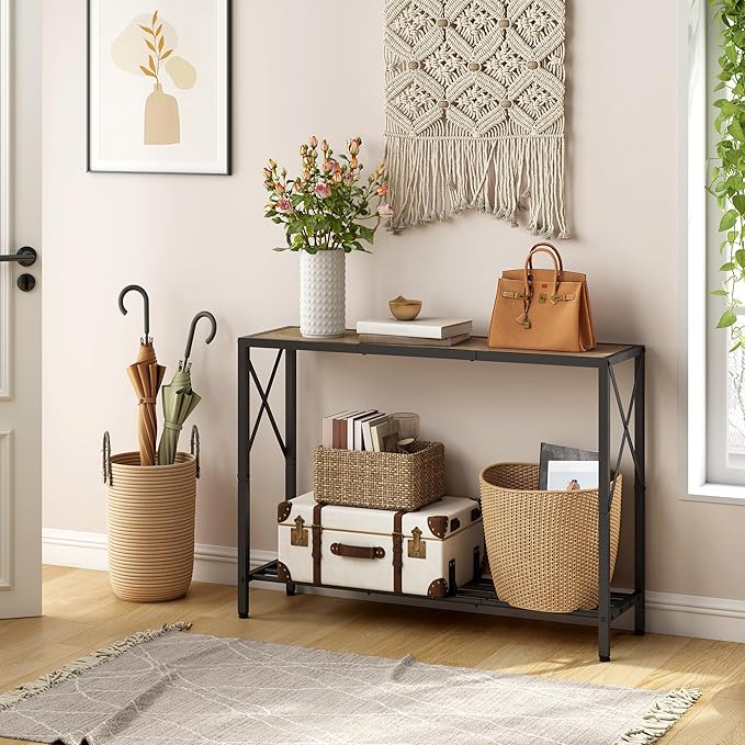 Tajsoon Console Table 41.8”, 2-Tier Industrial entryway Table, Narrow Sofa Table with Shelves, Entrance Table for Entryway, Hallway, Living Room, Foyer, Corridor, Office, Grey & Black